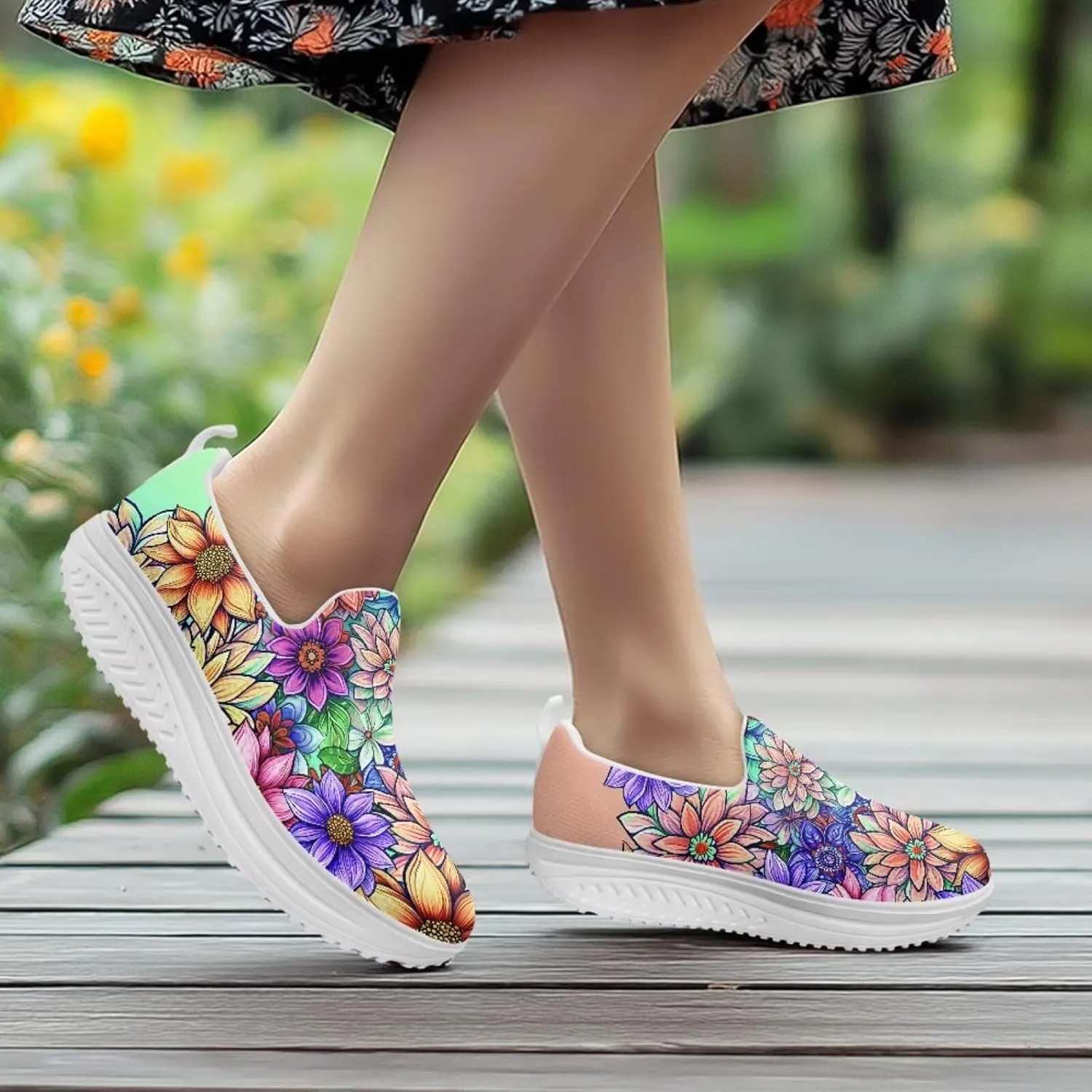 Slip On Women Shoes Hippie Florals Rocking Sole Loafers Comfort Elastic Stretch Mesh Casual Walking Sneakers