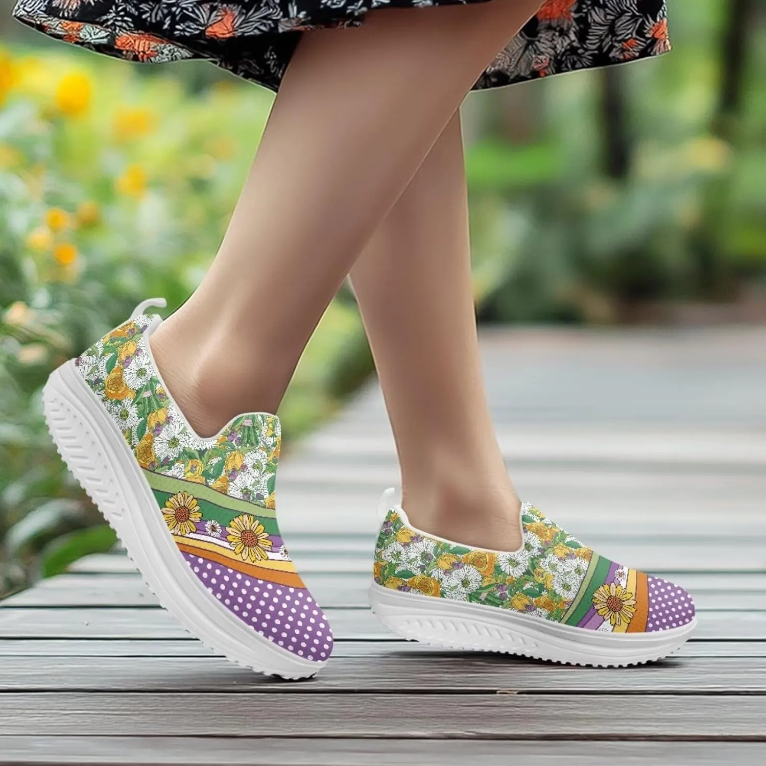 Slip On Women Shoes Hippie Florals Rocking Sole Loafers Comfort Elastic Stretch Mesh Casual Walking Sneakers