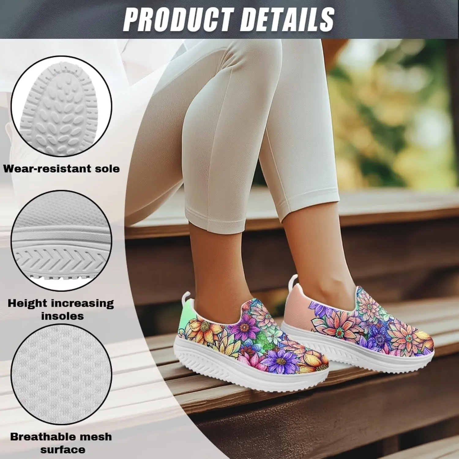 Slip On Women Shoes Hippie Florals Rocking Sole Loafers Comfort Elastic Stretch Mesh Casual Walking Sneakers