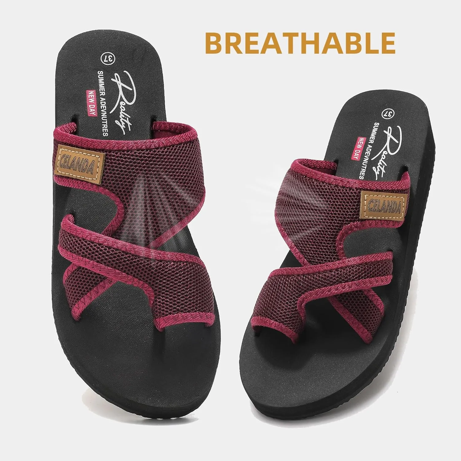 SMajong Women's Arch Support Slide Sandals Low Heel Wedge Sandals Summer Fashion Comfortable Flip Flops Beach Breathable Hollow Mesh Sandals