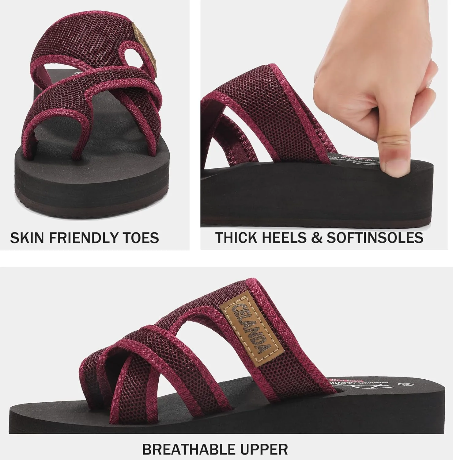 SMajong Women's Arch Support Slide Sandals Low Heel Wedge Sandals Summer Fashion Comfortable Flip Flops Beach Breathable Hollow Mesh Sandals