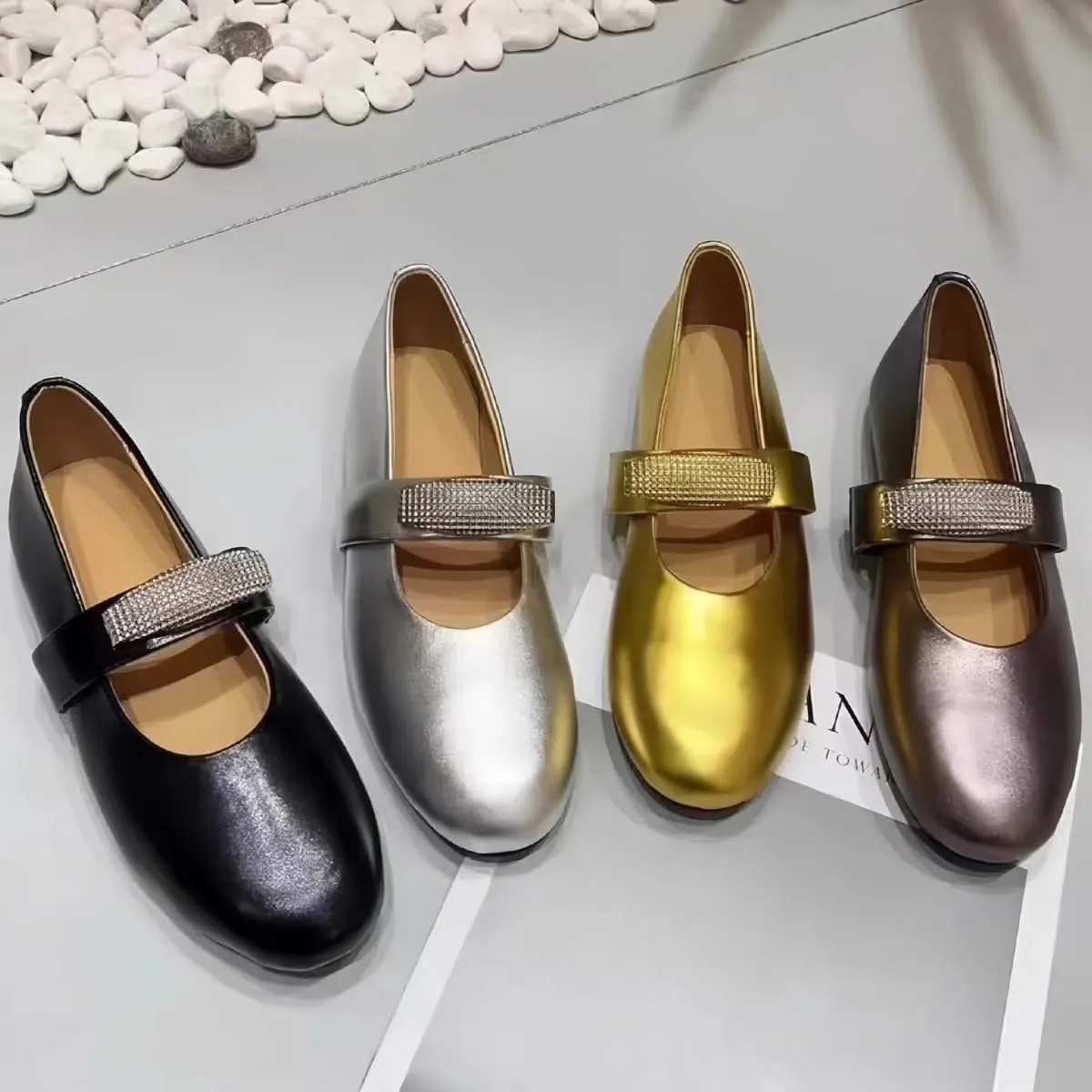 Sparkling Metallic Mary Jane Flats for Women with Elastic Single Strap Low Heels Closed-Toe Genuine Leather Shoes Comfortable & Stylish