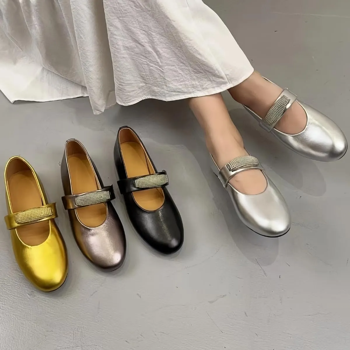 Sparkling Metallic Mary Jane Flats for Women with Elastic Single Strap Low Heels Closed-Toe Genuine Leather Shoes Comfortable & Stylish