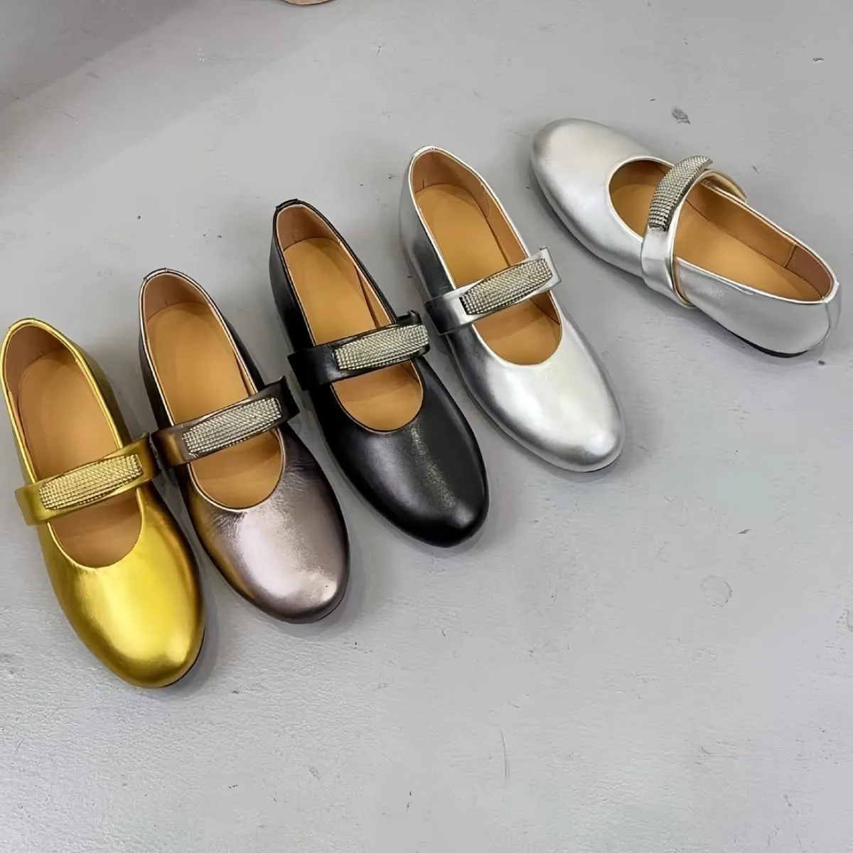 Sparkling Metallic Mary Jane Flats for Women with Elastic Single Strap Low Heels Closed-Toe Genuine Leather Shoes Comfortable & Stylish