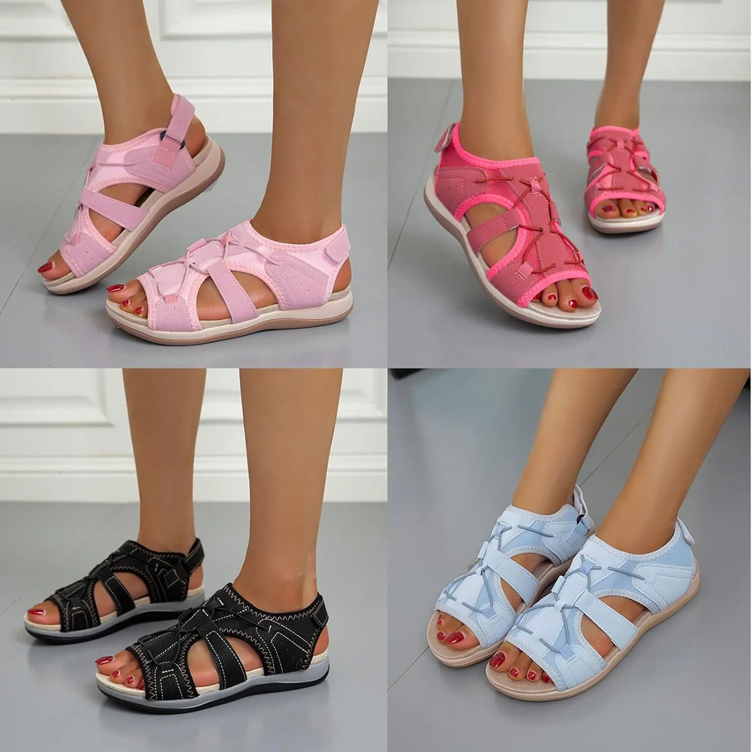 Sport Sandals with Stitching Women's Casual Cutout Open Toe Flat Sandal Adjustable Strap Comfortable Outdoor Footwear