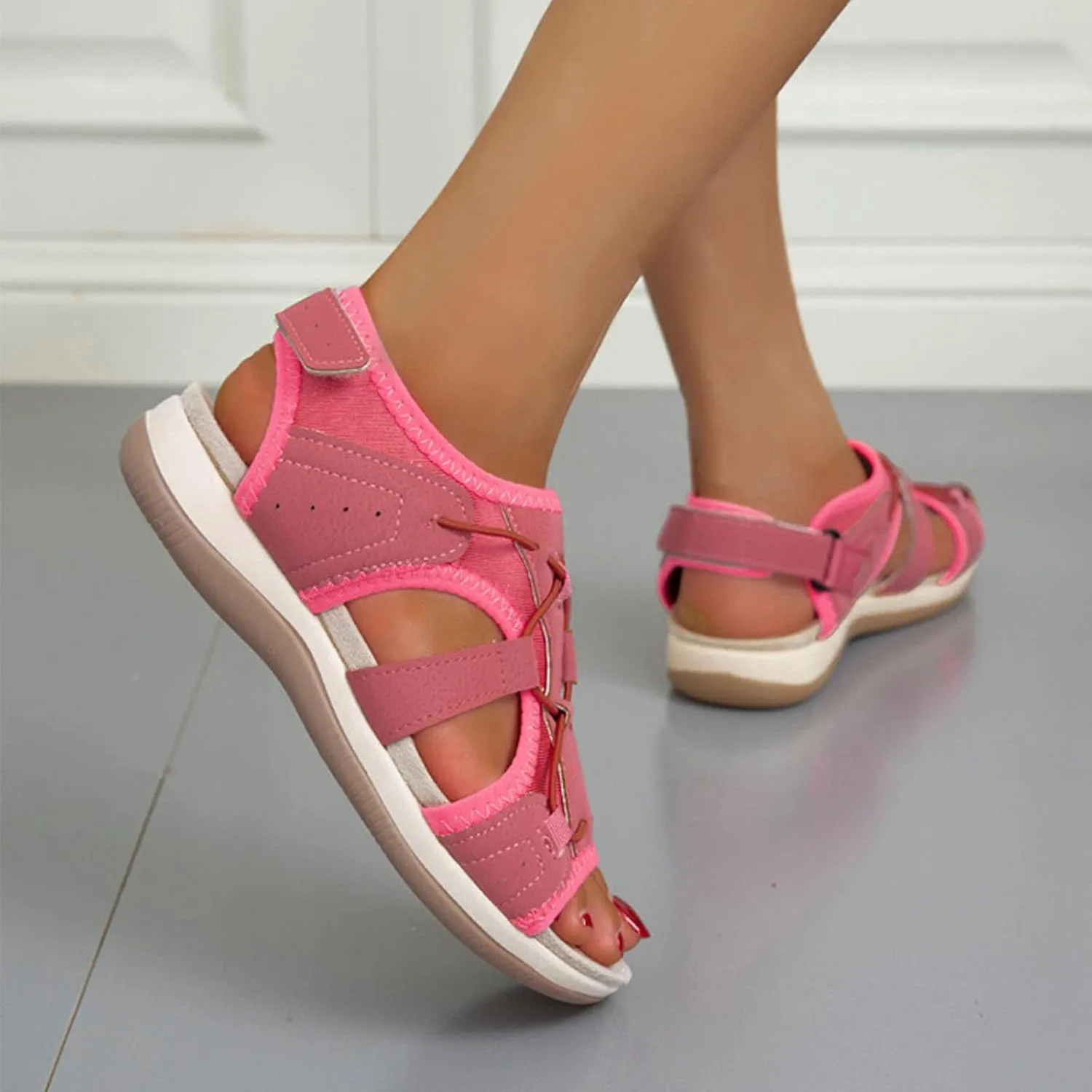 Sport Sandals with Stitching Women's Casual Cutout Open Toe Flat Sandal Adjustable Strap Comfortable Outdoor Footwear