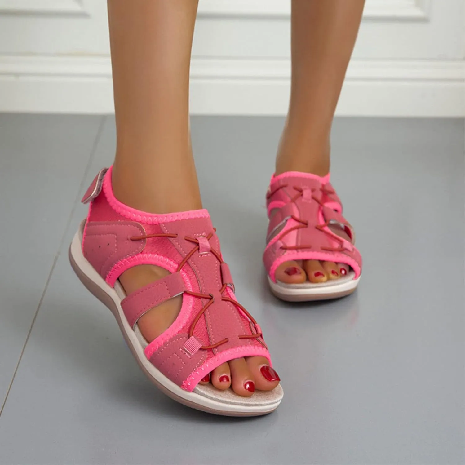 Sport Sandals with Stitching Women's Casual Cutout Open Toe Flat Sandal Adjustable Strap Comfortable Outdoor Footwear