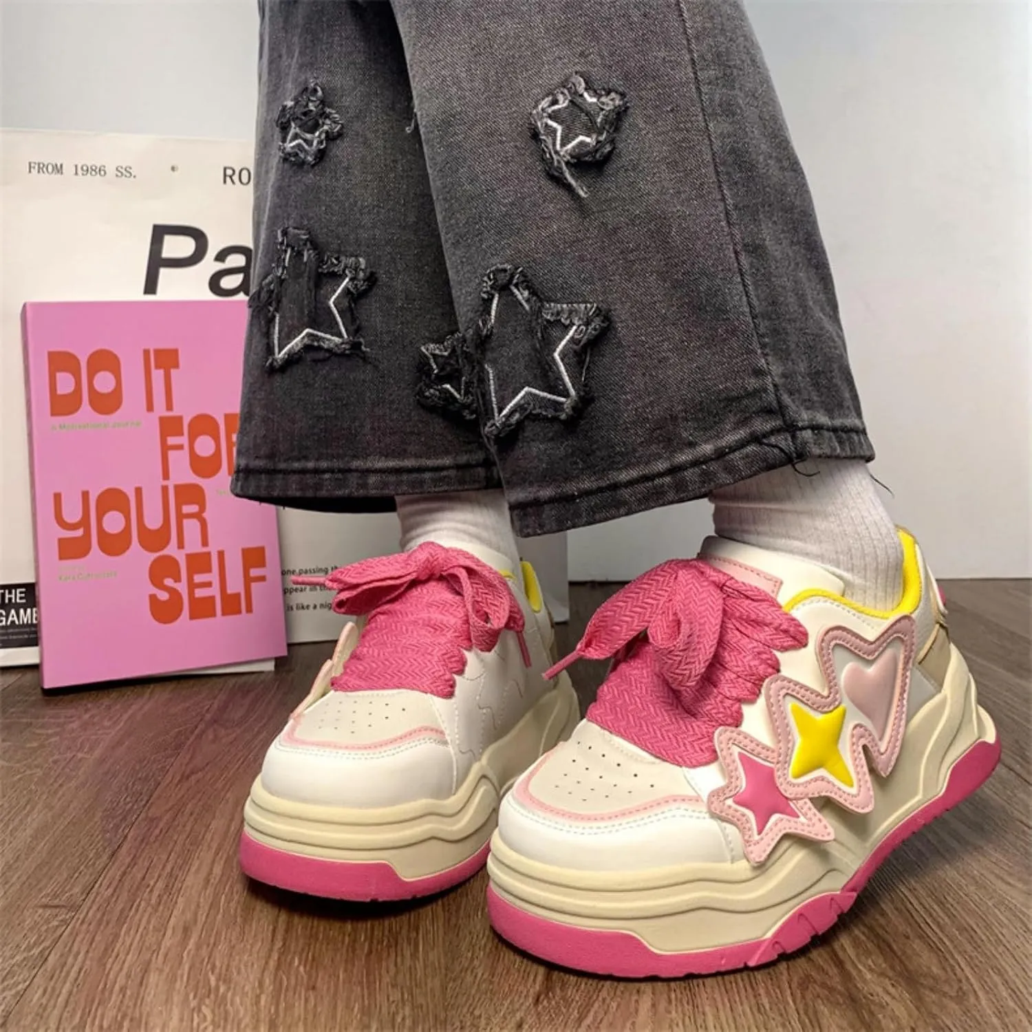 Star Motif Platform Shoes - Chunky Sneakers for Women, Aesthetic Shoes, Star Platform Shoes