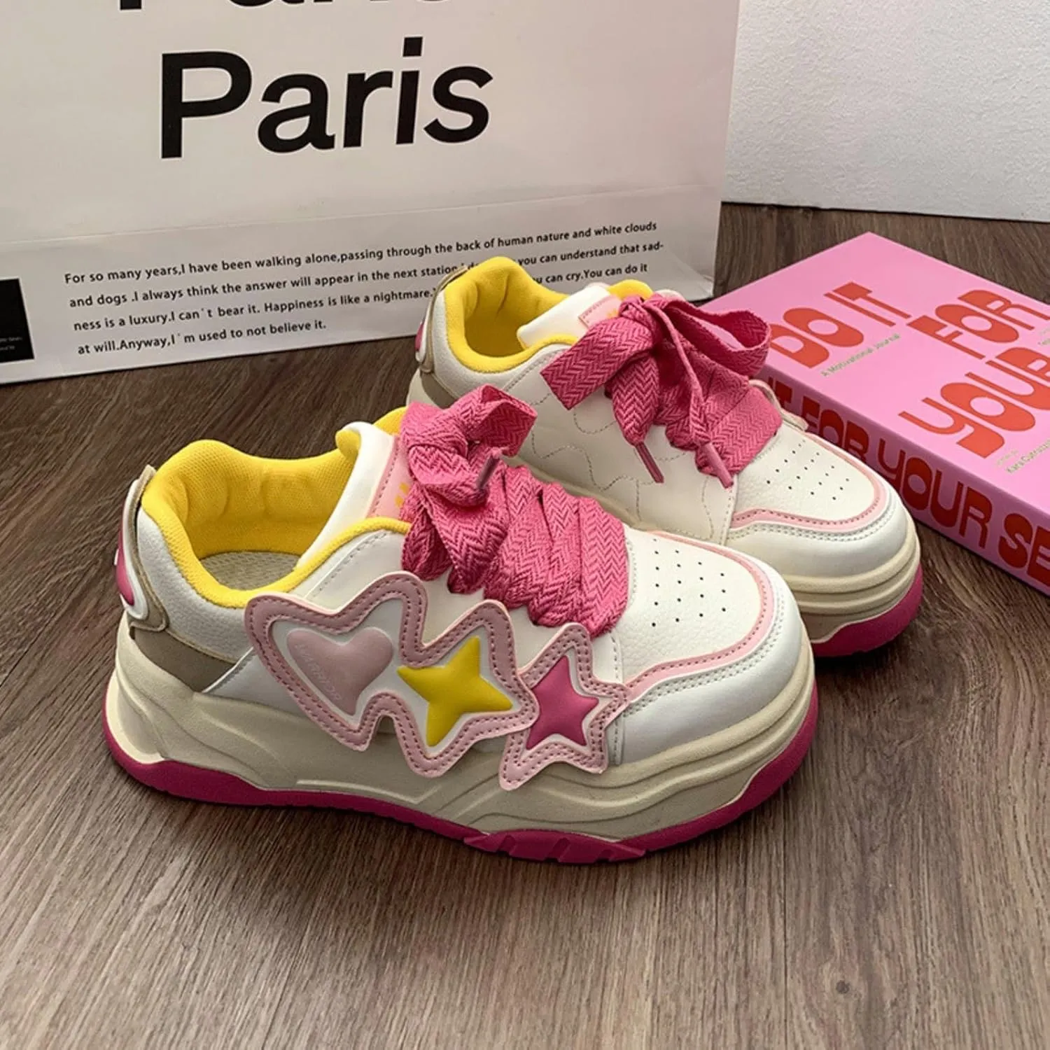 Star Motif Platform Shoes - Chunky Sneakers for Women, Aesthetic Shoes, Star Platform Shoes