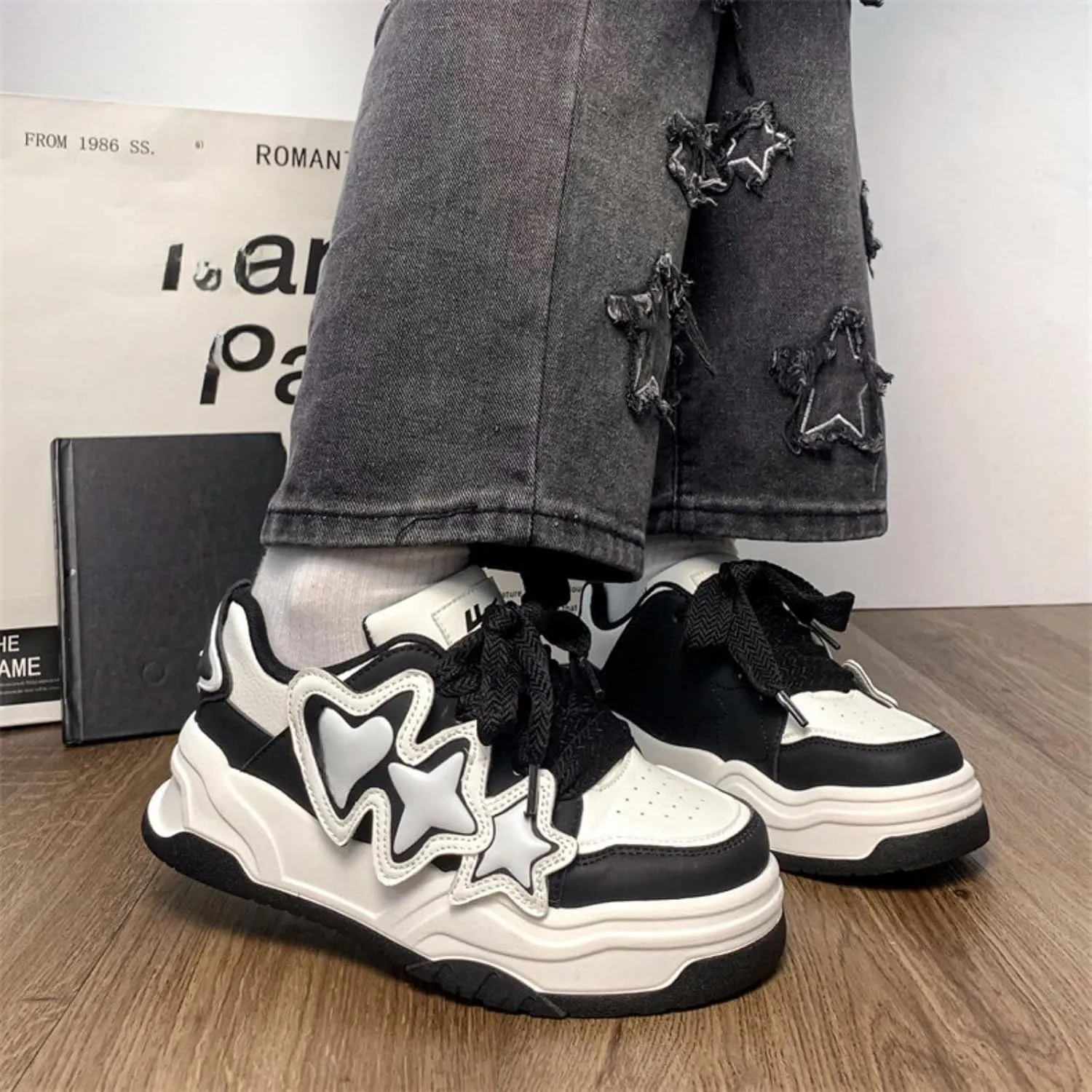 Star Motif Platform Shoes - Chunky Sneakers for Women, Aesthetic Shoes, Star Platform Shoes
