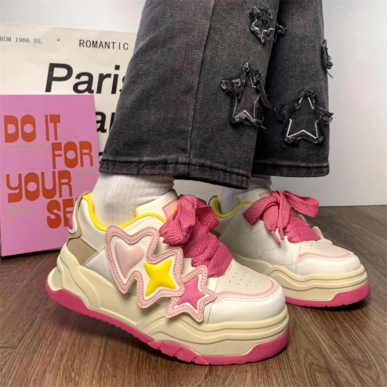 Star Motif Platform Shoes - Chunky Sneakers for Women, Aesthetic Shoes, Star Platform Shoes
