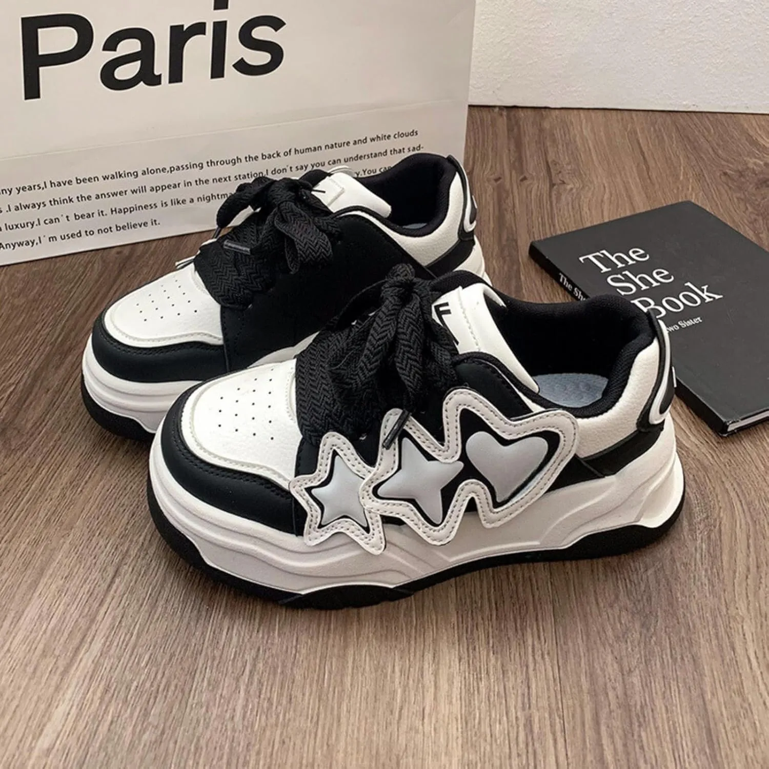 Star Motif Platform Shoes - Chunky Sneakers for Women, Aesthetic Shoes, Star Platform Shoes