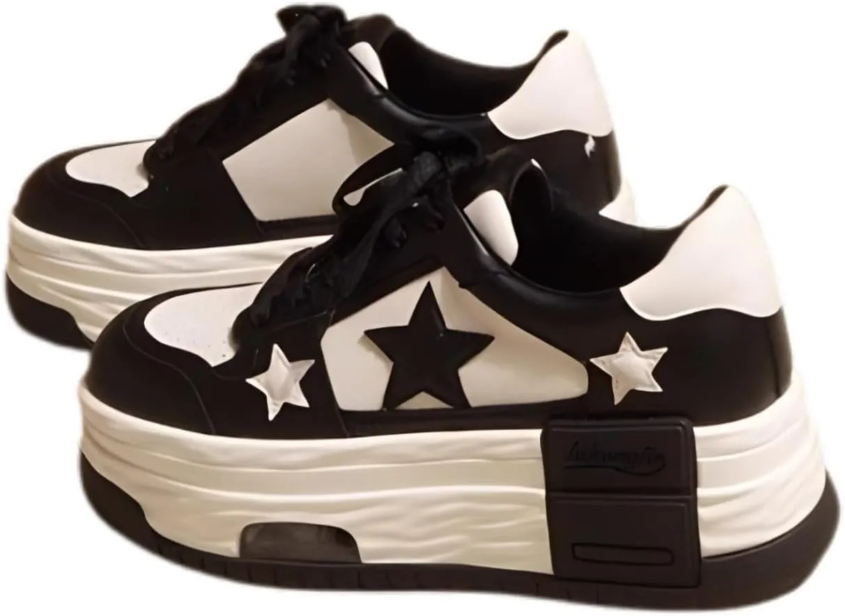 Star Patch Chunky Platform Sneakers for Women Girls, Y2K Streetwear, Sculpted Midsole, Skate, Trendy, Stylish