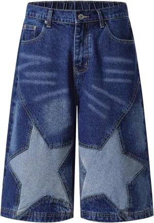 Star Patchwork Denim Jorts Y2k Vintage Ripped Jean Shorts Acid Wash Hip Hop Grunge Capri Pants Streetwear Unisex