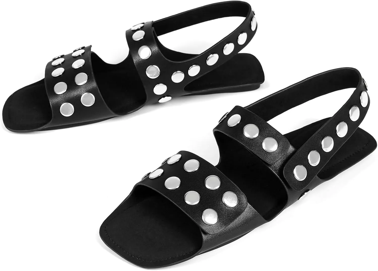 Studded Flats Sandals for Women Open Toe Backless Slide Sandals Adjustable Double Strap Shoes with Hidden Button Slip On Comfortable Casual Summer