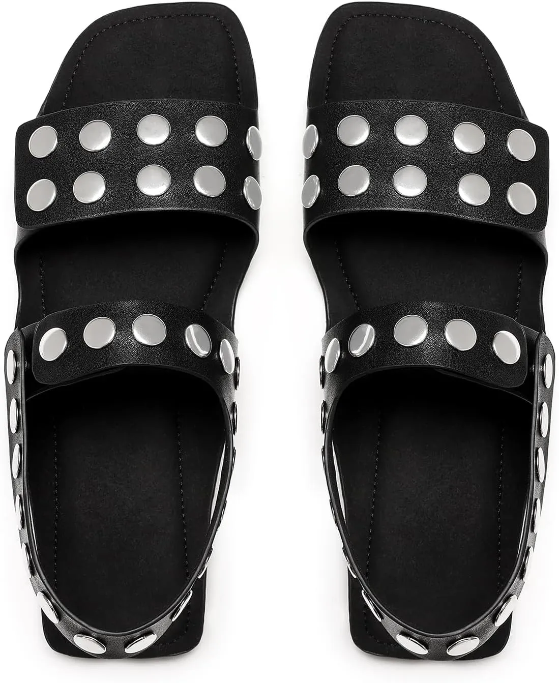 Studded Flats Sandals for Women Open Toe Backless Slide Sandals Adjustable Double Strap Shoes with Hidden Button Slip On Comfortable Casual Summer