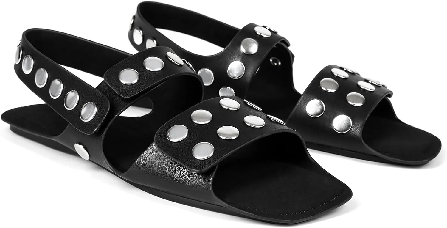 Studded Flats Sandals for Women Open Toe Backless Slide Sandals Adjustable Double Strap Shoes with Hidden Button Slip On Comfortable Casual Summer