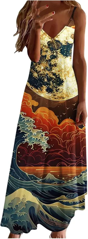 Summer Dress for Women Fashion Floral Printed Strap V-Neck Casual Dresses Flowy Pleated Beach Vacation Dress