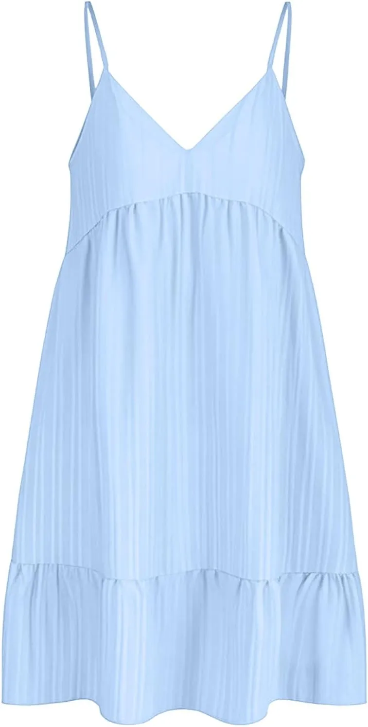 Summer Dresses for Women 2025 Elegant V Neck Spaghetti Strap Mini Dress Plain Pleated Patchwork Sleeveless Sundress