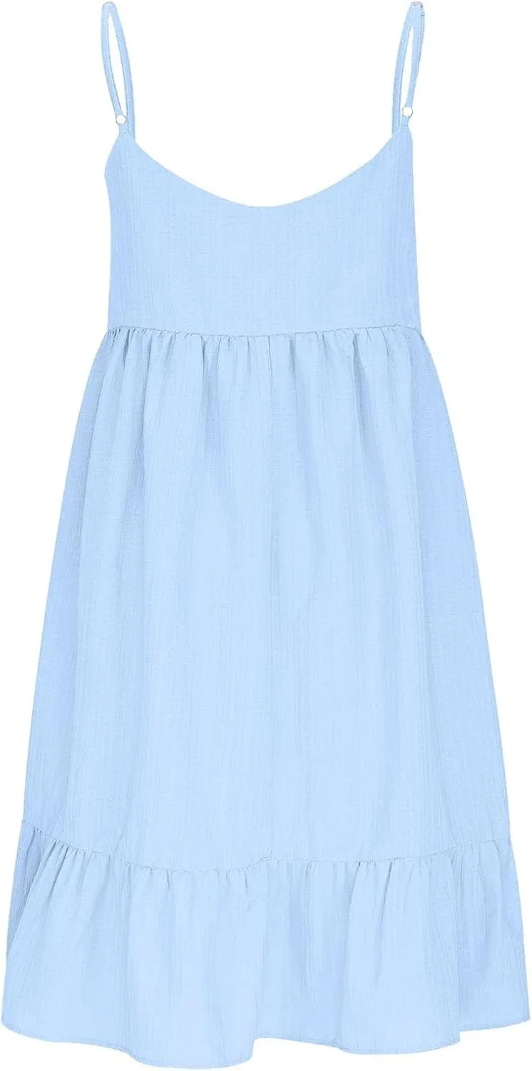 Summer Dresses for Women 2025 Elegant V Neck Spaghetti Strap Mini Dress Plain Pleated Patchwork Sleeveless Sundress