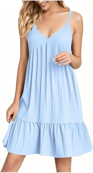 Summer Dresses for Women 2025 Elegant V Neck Spaghetti Strap Mini Dress Plain Pleated Patchwork Sleeveless Sundress