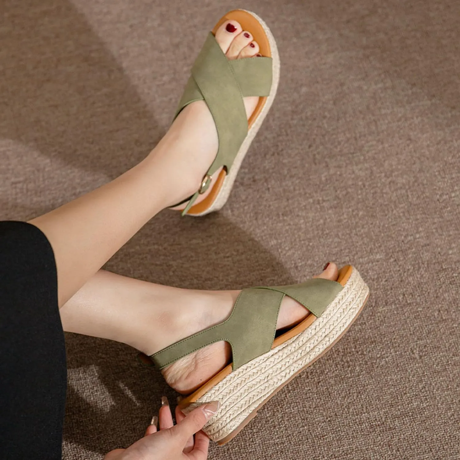 Summer Platform Sandals for Women Fashion Casual Cross Straps Buckle Slingback Espadrille Wedge Sandals Soild Comfortable Outdoor Ladies Shoes