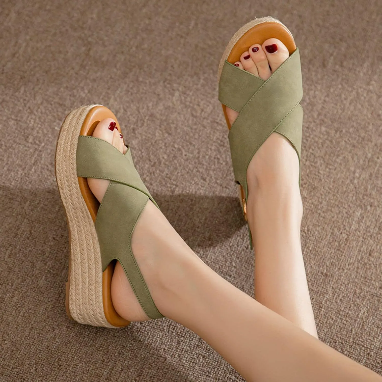 Summer Platform Sandals for Women Fashion Casual Cross Straps Buckle Slingback Espadrille Wedge Sandals Soild Comfortable Outdoor Ladies Shoes