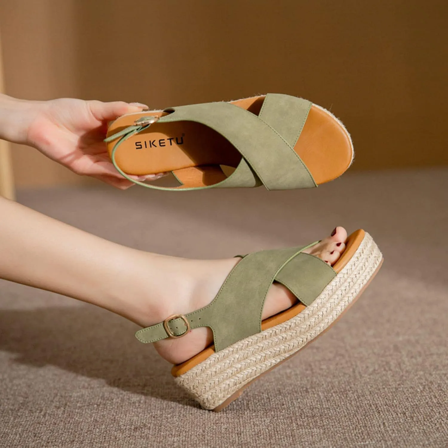 Summer Platform Sandals for Women Fashion Casual Cross Straps Buckle Slingback Espadrille Wedge Sandals Soild Comfortable Outdoor Ladies Shoes