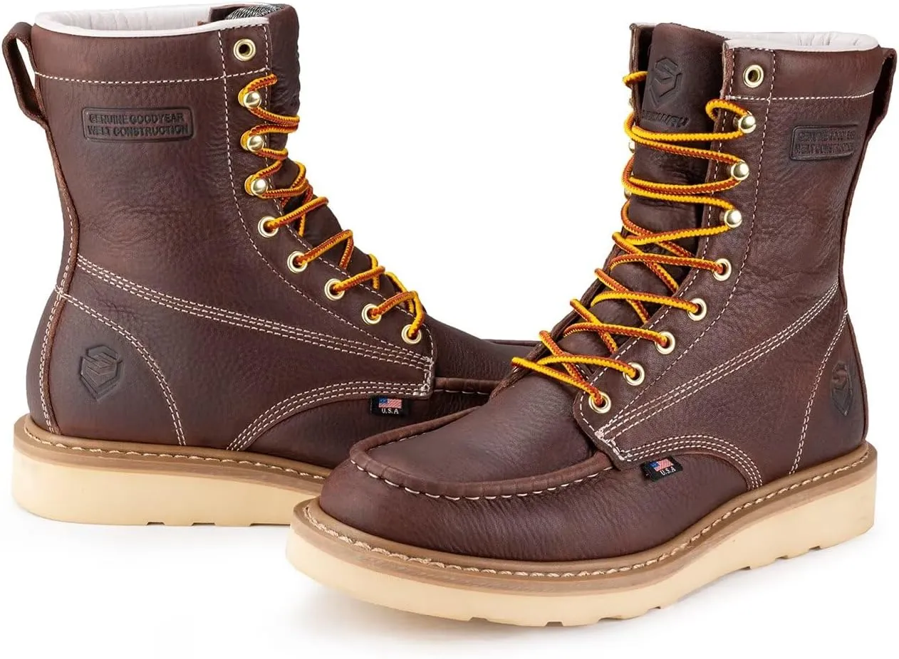 SUREWAY 8in Wedge Moc Toe Work Boots for Men - Soft Toe,Premium Full-Grain Leather,Safety Work Boots/Shoes,Comfort Insole,Oil/Slip Resistant,Real Goodyear,EH Rated Industrial Construction