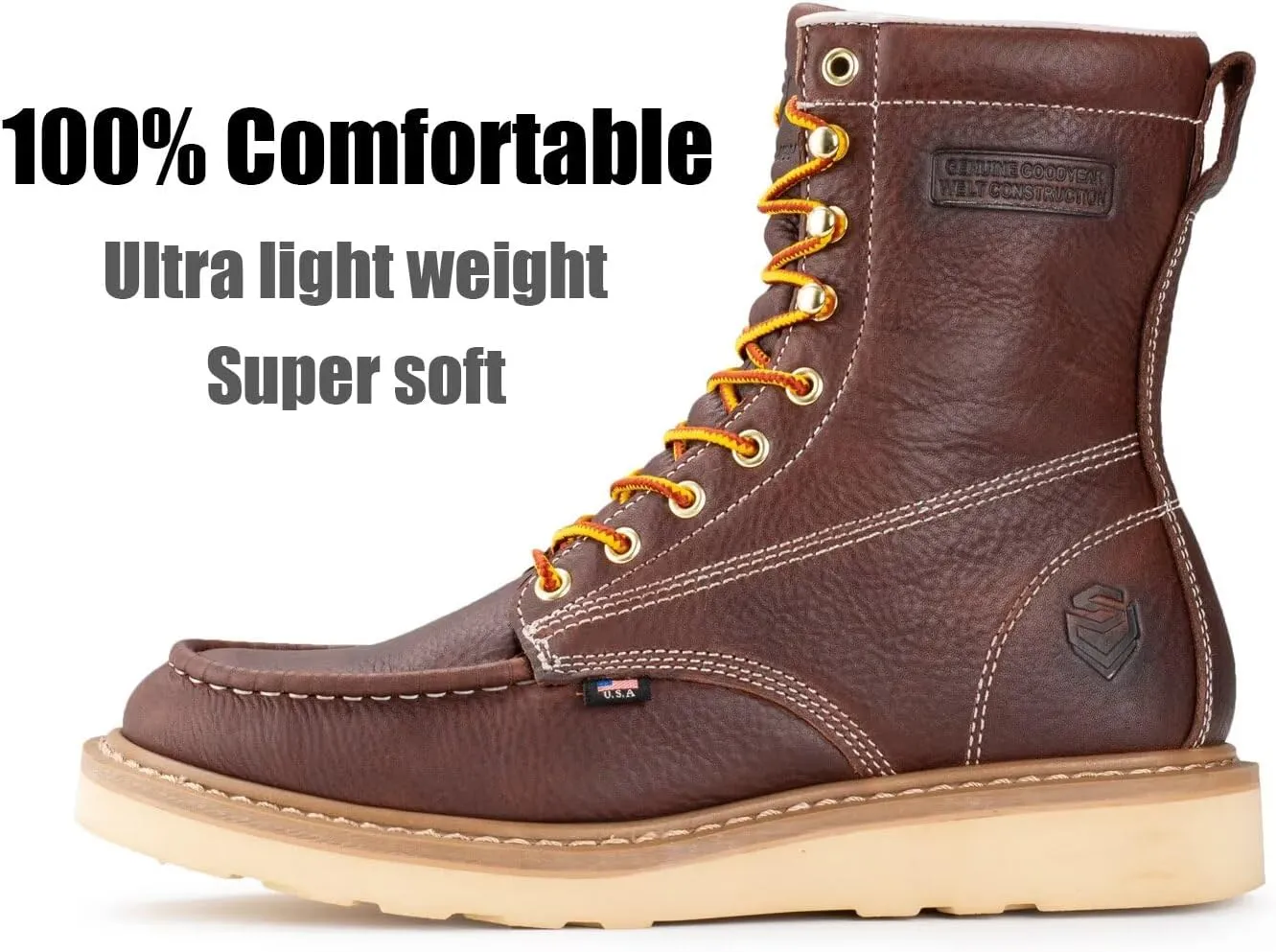 SUREWAY 8in Wedge Moc Toe Work Boots for Men - Soft Toe,Premium Full-Grain Leather,Safety Work Boots/Shoes,Comfort Insole,Oil/Slip Resistant,Real Goodyear,EH Rated Industrial Construction