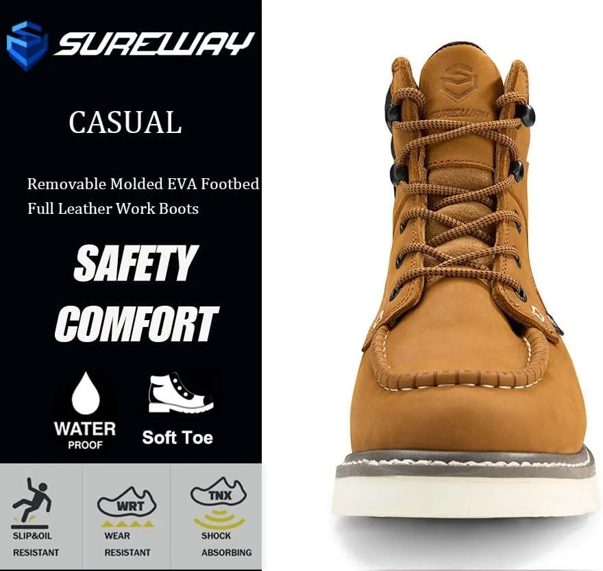 SUREWAY Men 6 Inch Waterproof Soft Toe Work Boots - Moc Toe,Construction Industrial Safety Leather Work Shoes,Oil/Slip Resistant Comfortable Wedge Outsole,EH Rated,Goodyear Welt,Lace Up,Heavy Duty