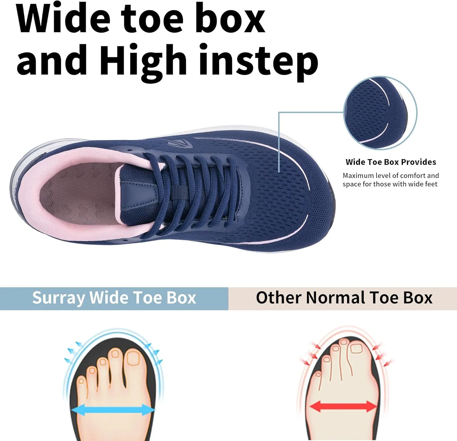 SURRAY Women Wide Toe Box Walking Shoes with Arch Support Air Tennis Running Sneakers Extra Wide Width Woman Shoe for Plantar Fasciitis Flat Foot Heel Pain Relief US Size 6-11