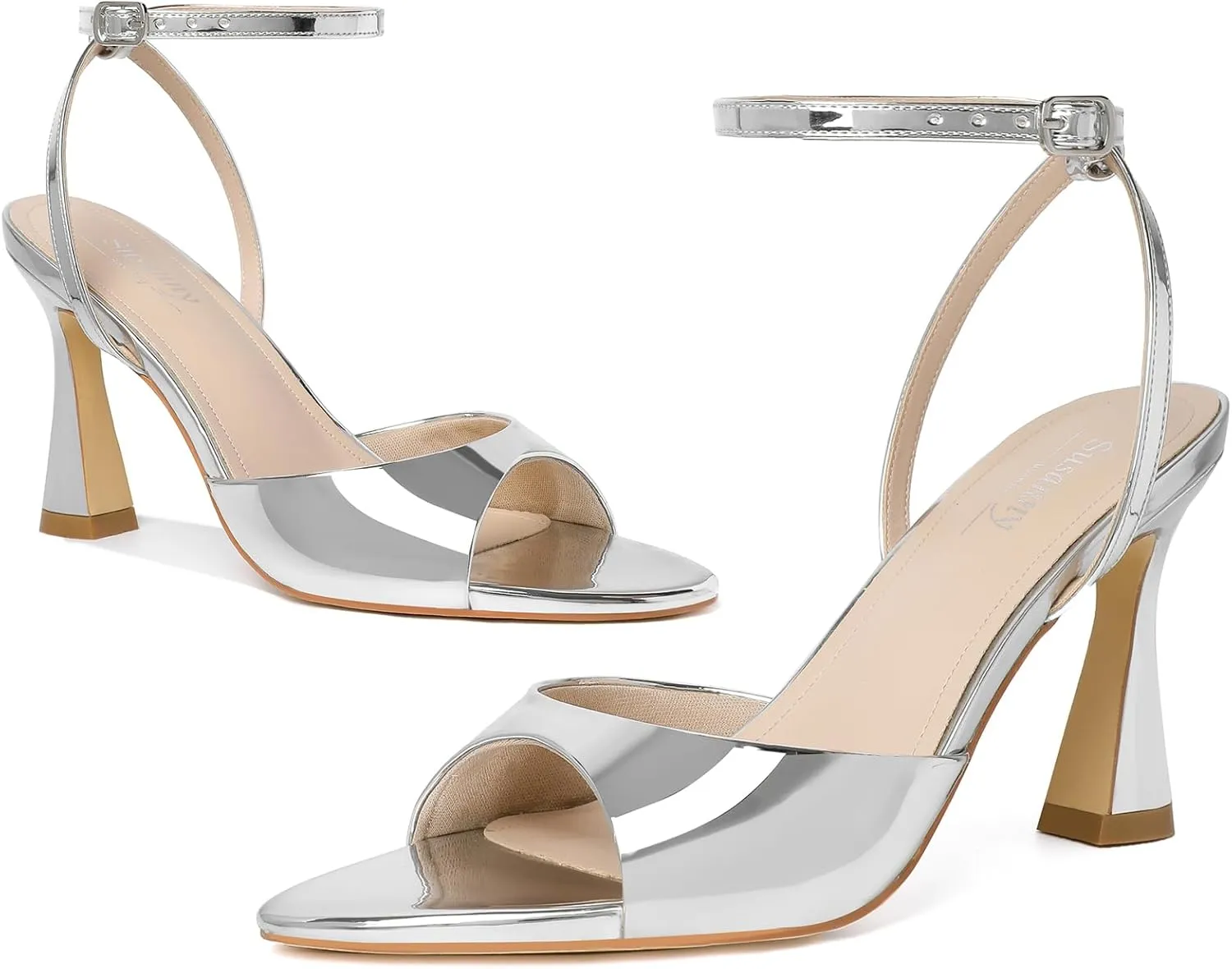 Susanny High Heels for Women Pointed Open Toe Strappy Chunky Block Heels Ankle Strap Stiletto Kitten Heeled Sandals Wedding Bridal Party Prom Sexy Dress Shoes