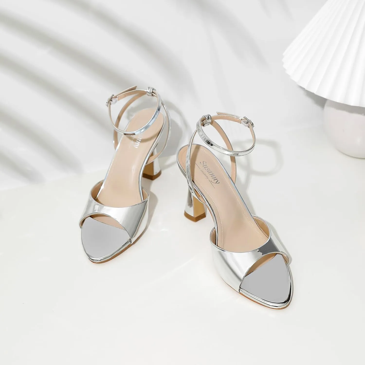 Susanny High Heels for Women Pointed Open Toe Strappy Chunky Block Heels Ankle Strap Stiletto Kitten Heeled Sandals Wedding Bridal Party Prom Sexy Dress Shoes