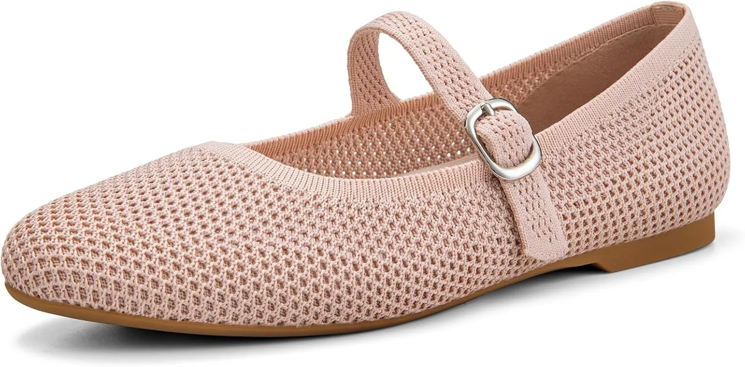 Tanamo Mary Jane Shoes Flats for Women Round Toe Shoes Ballet Flats Comfortable Dressy Adjustable Straps Casual Office Work Wedding Washable Knit Slip On