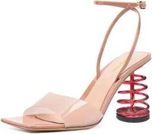 Tang'scuisins Women Transparent Band Ankle Strap Sandals Open Square Toe Spiral Chunky High Heels Fashion Work Party Buckled Shoes Size 4-16 US