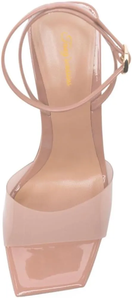 Tang'scuisins Women Transparent Band Ankle Strap Sandals Open Square Toe Spiral Chunky High Heels Fashion Work Party Buckled Shoes Size 4-16 US