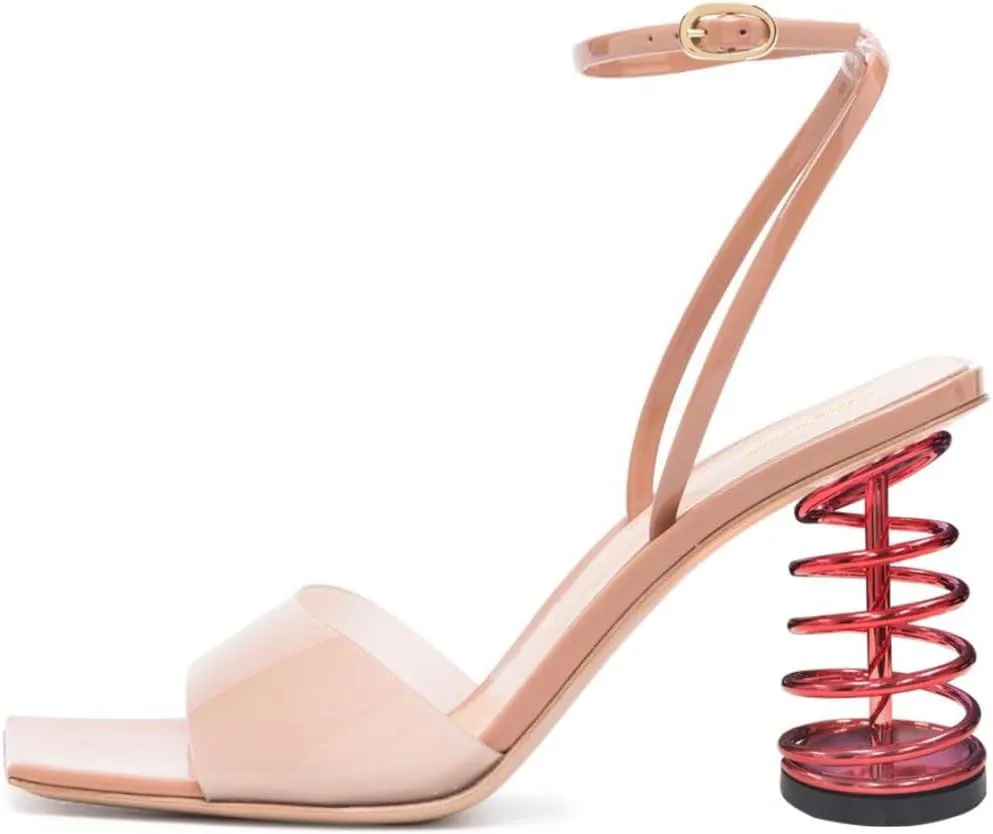 Tang'scuisins Women Transparent Band Ankle Strap Sandals Open Square Toe Spiral Chunky High Heels Fashion Work Party Buckled Shoes Size 4-16 US