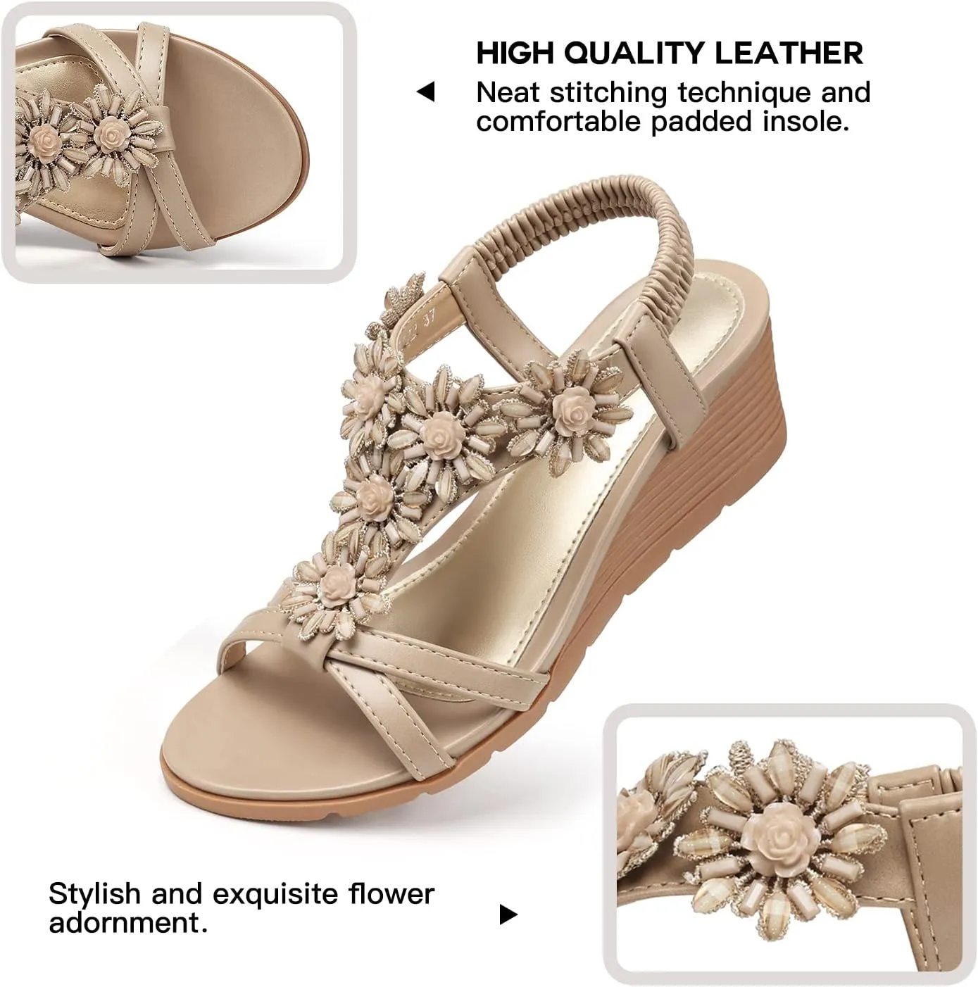 TEMOFON Women's Low Wedge Heels Summer Dressy Platform Sandals Elastic Ankle Strap Open Toe Flower Shoes