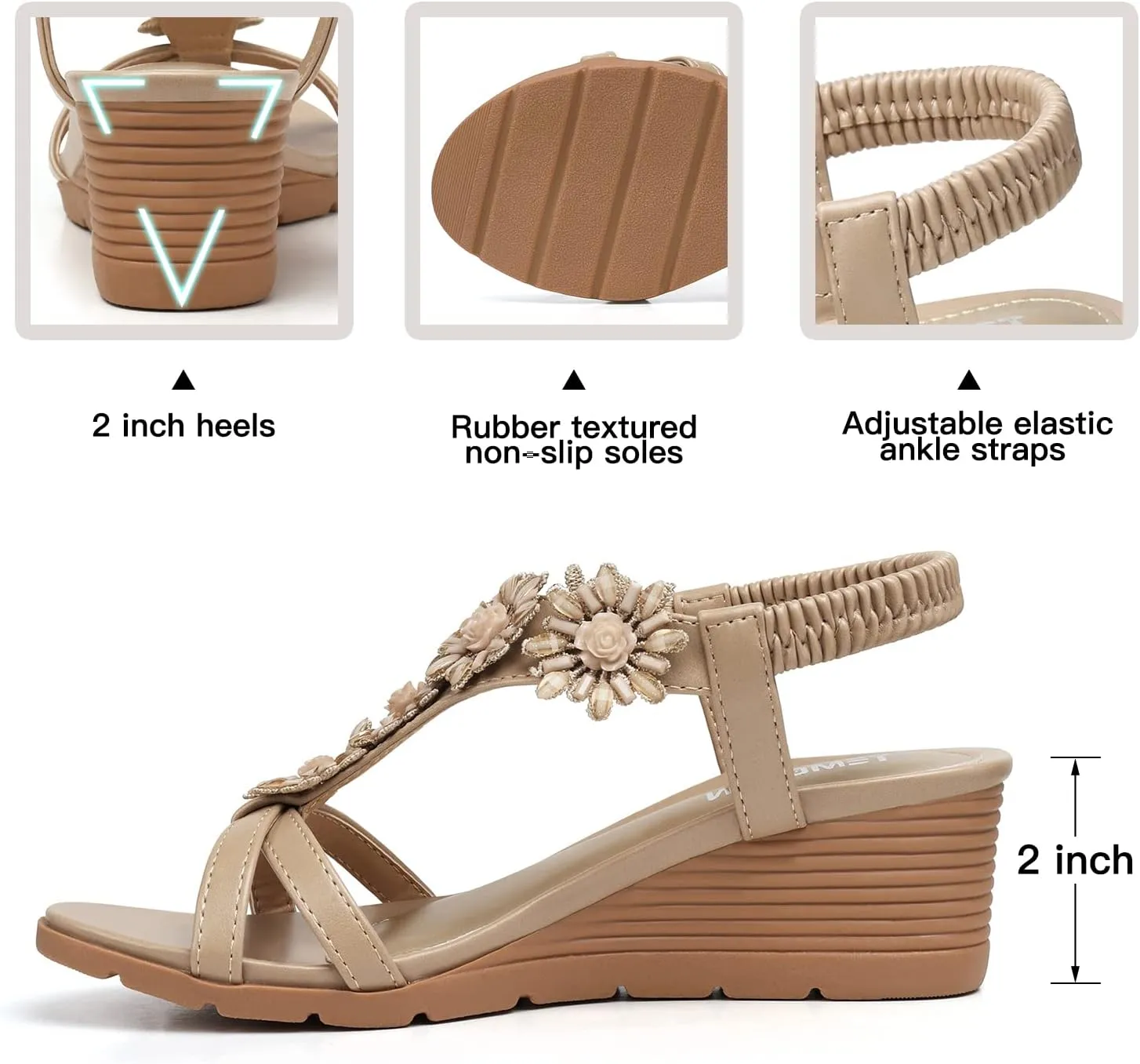 TEMOFON Women's Low Wedge Heels Summer Dressy Platform Sandals Elastic Ankle Strap Open Toe Flower Shoes