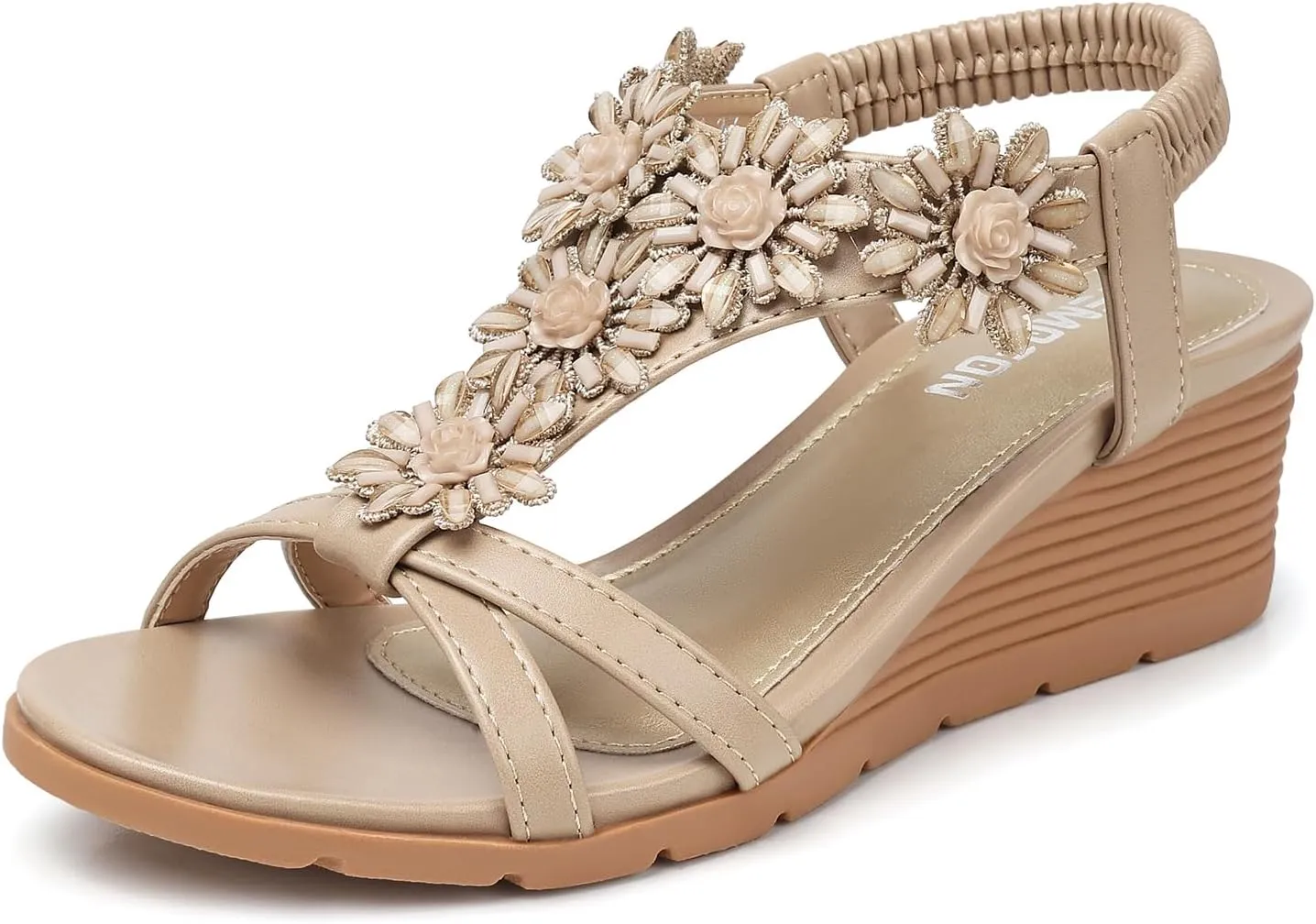 TEMOFON Women's Low Wedge Heels Summer Dressy Platform Sandals Elastic Ankle Strap Open Toe Flower Shoes