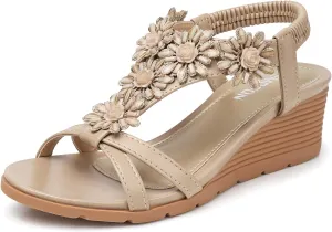 TEMOFON Women's Low Wedge Heels Summer Dressy Platform Sandals Elastic Ankle Strap Open Toe Flower Shoes