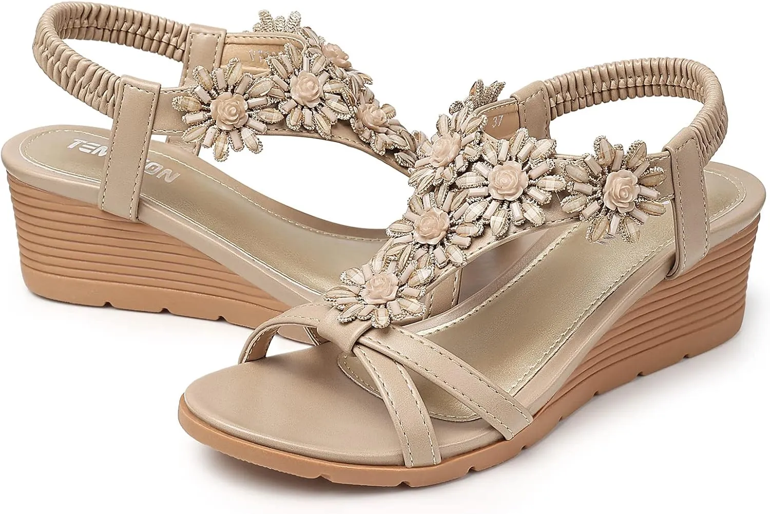 TEMOFON Women's Low Wedge Heels Summer Dressy Platform Sandals Elastic Ankle Strap Open Toe Flower Shoes
