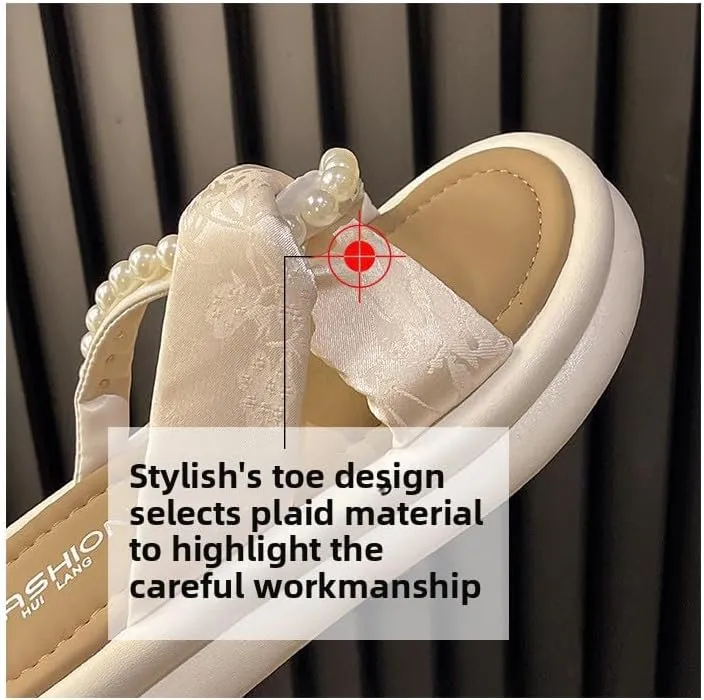 Thick soft-soled fairy style slippers women wear 2025 summer new pearl muffin cool slippers women's tide shoes,skin-friendly, breathable and comfortable