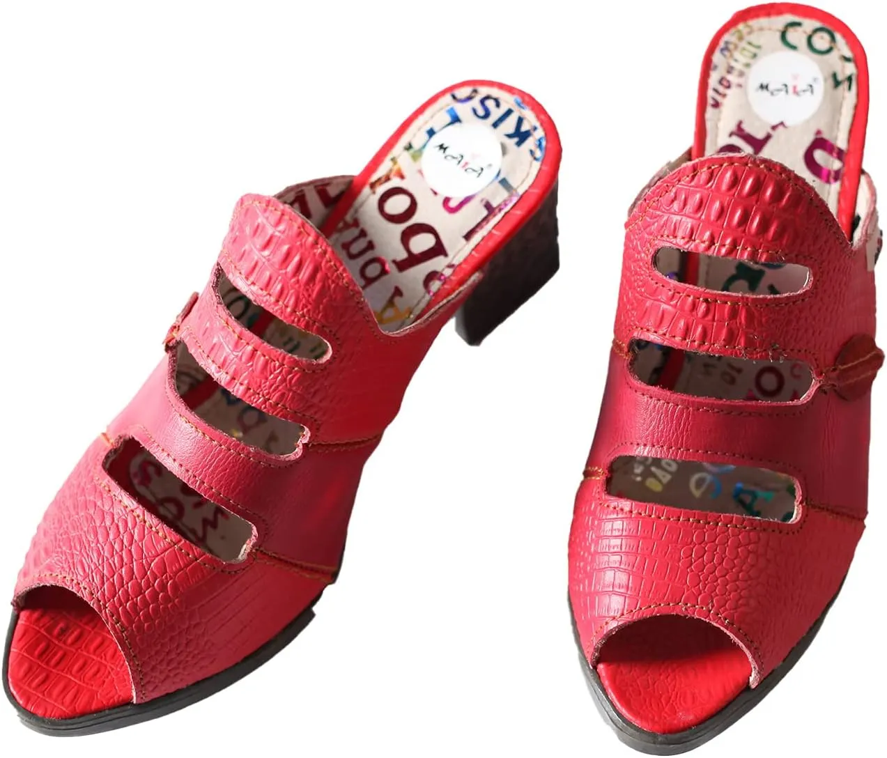 TMA EYES & MAiA Women Hollow-out Printed Leather Sandals Spliced Mid-Heeled Sandals