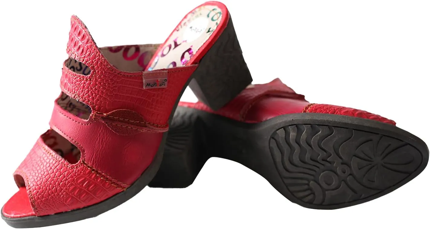 TMA EYES & MAiA Women Hollow-out Printed Leather Sandals Spliced Mid-Heeled Sandals