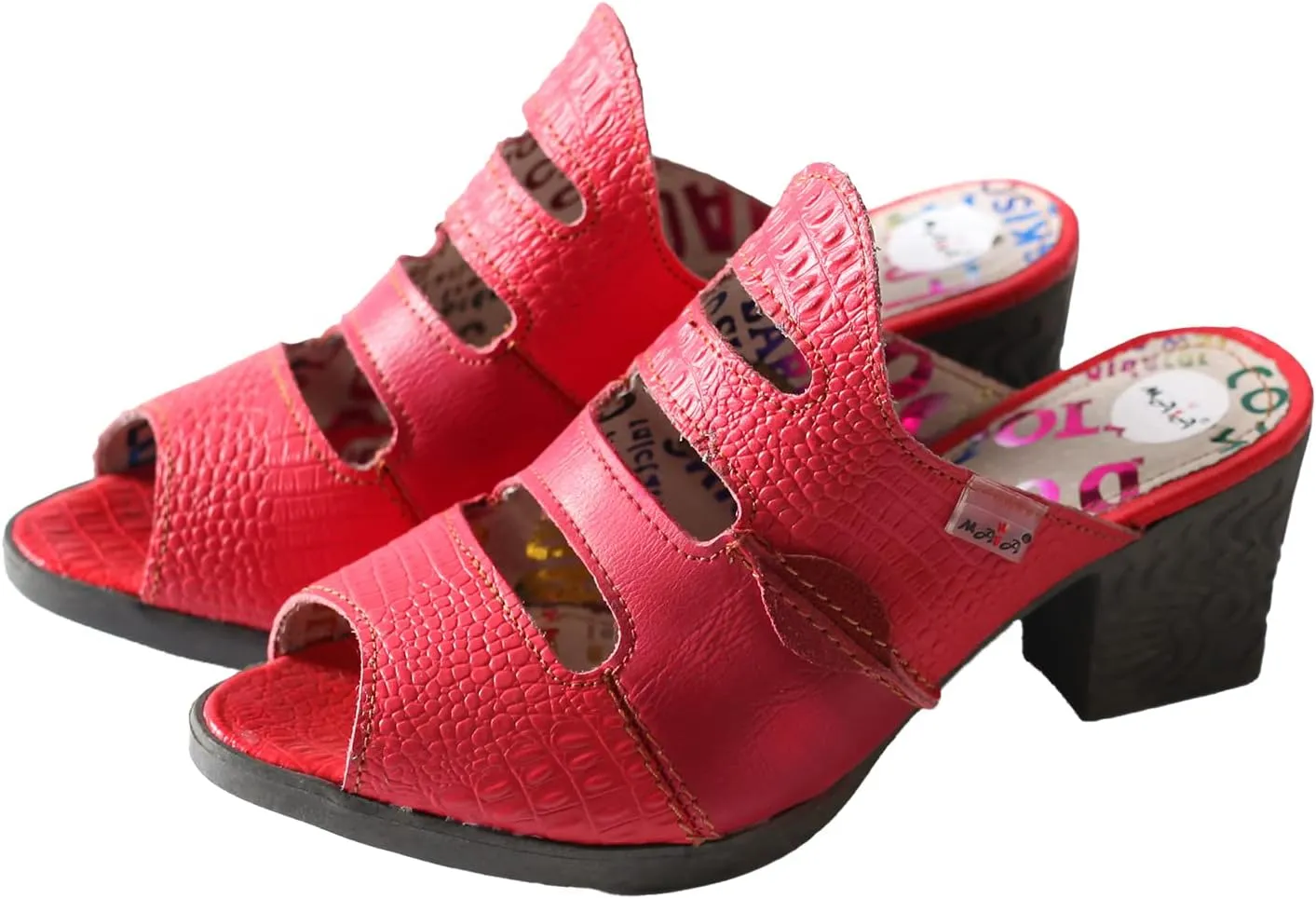 TMA EYES & MAiA Women Hollow-out Printed Leather Sandals Spliced Mid-Heeled Sandals