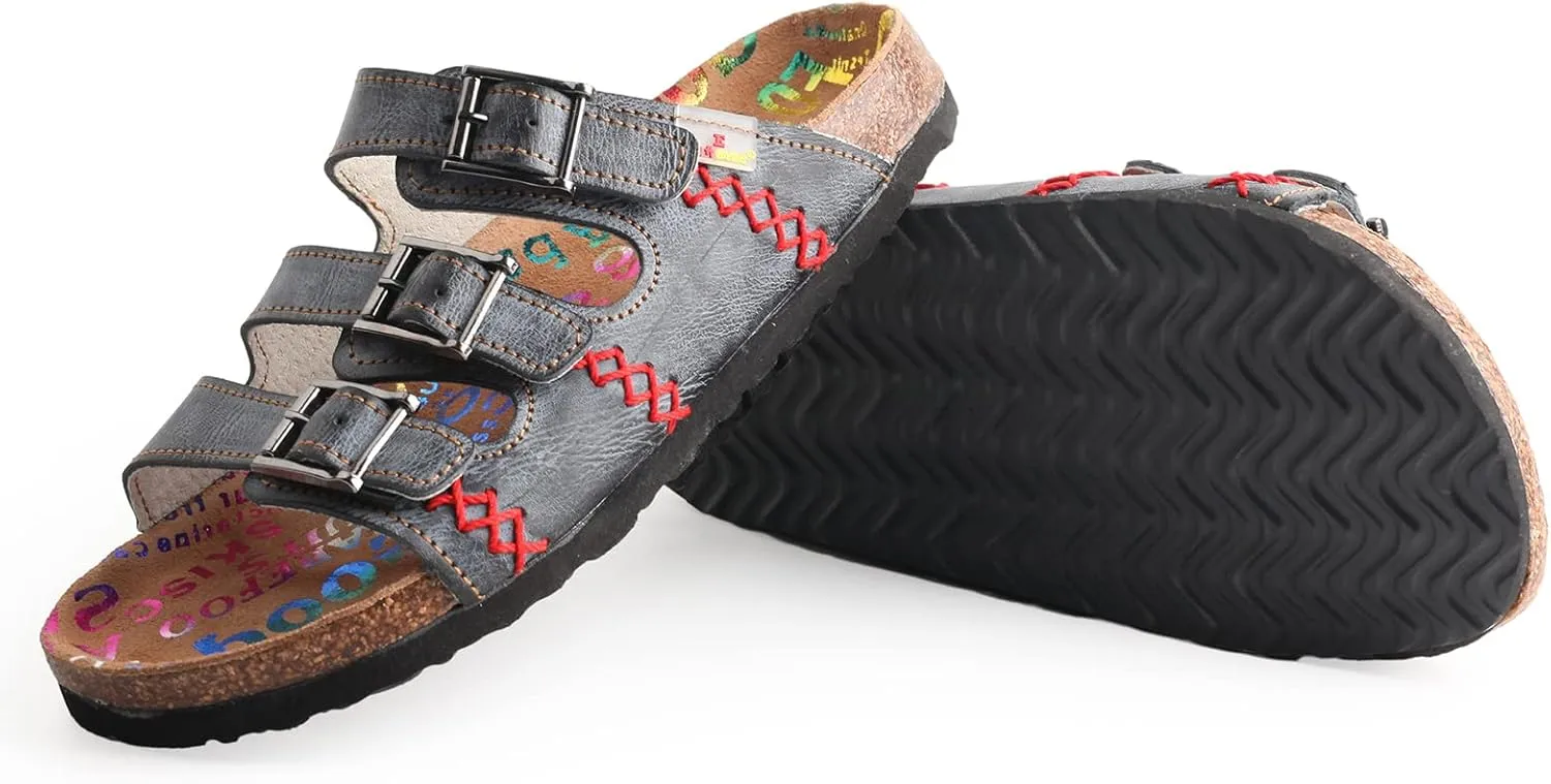 TMA EYES Womens Flat Slide Sandals with Arch Support Strap Adjustable Buckle Non Slip Rubber Sole