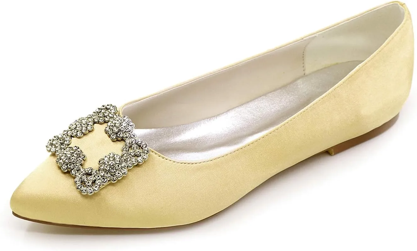 TNXZ Wedding Flats Shoes Women Wedding Shoes for Bride Flats Bridal Shoes Flats Satin Closed Toe Rhinestone Ballet Flats