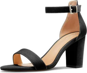 TNYNFBEB Womens Chunky Block Mid Heel Peep Open Toe Sandals Ankle Strap Buckle Prom Basic Classic Summer 3.2 Inches Heels